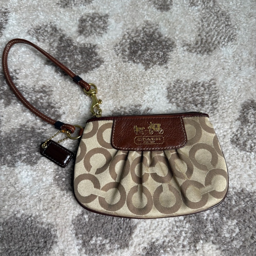 Coach Signature Brown and Cream Wristlet Womens